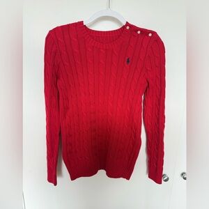 Ralph Lauren Bright Red Cable-Knit Crewneck Sweater with Shoulder Buttons